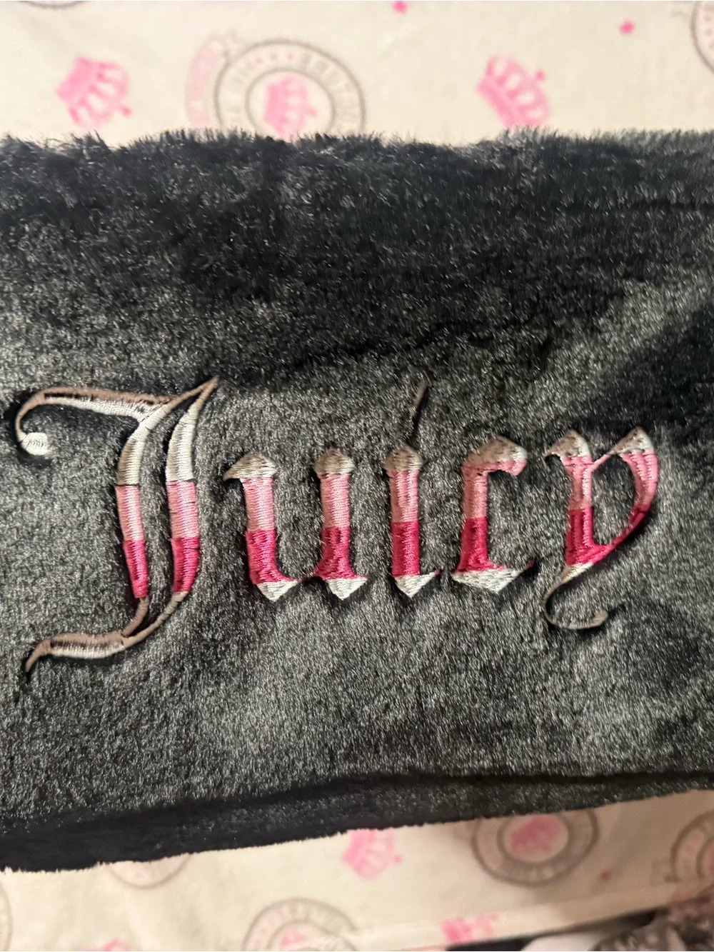 Juicy Couture Black Faux Fur Pouch with Pink and Cream Embroidery